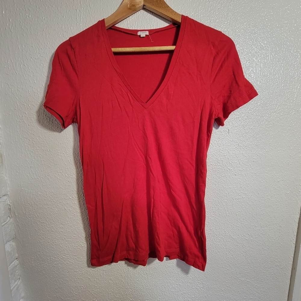 J Crew V-Neck Short Sleeve Tee y2k Style 100% Cotton sz M Red Essential Basic